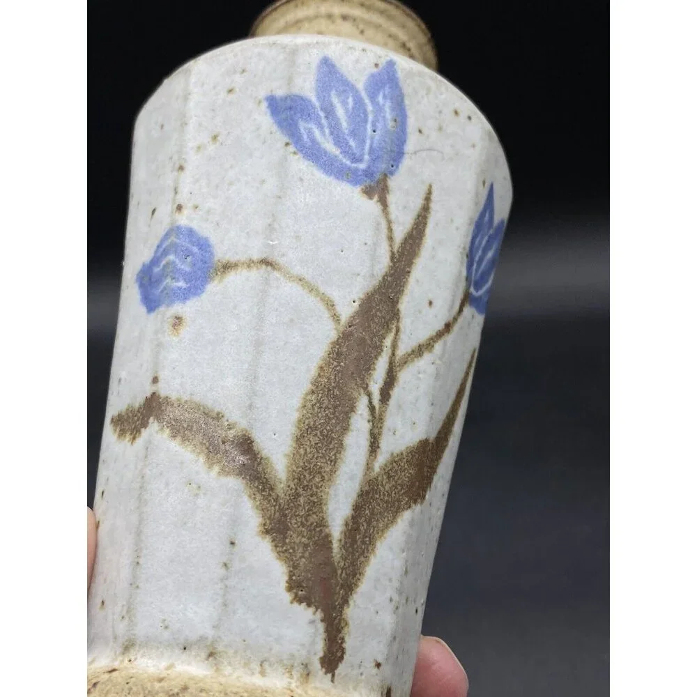 Stoneware Vase Flowers Sand and Browns Color Signed Crown 6.5”